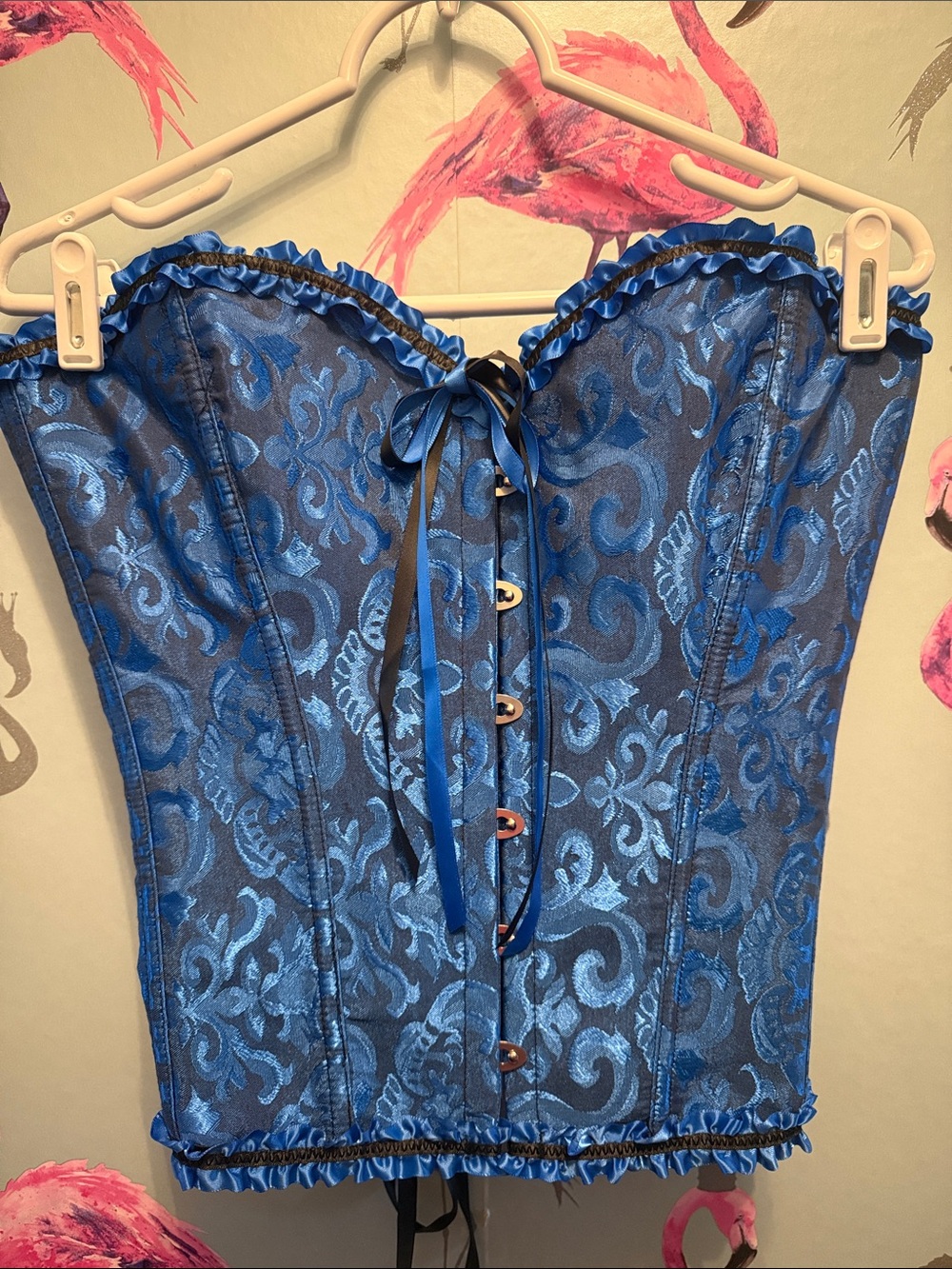 Blue Brocade Lace-Up Bustier with Ribbon Trim - Size XL